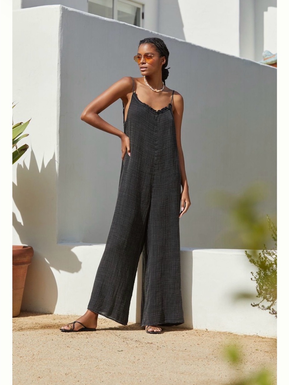 Anthropologie Malika Gauze Black Grey Jumpsuit with Wide-Leg & Spaghetti-Straps